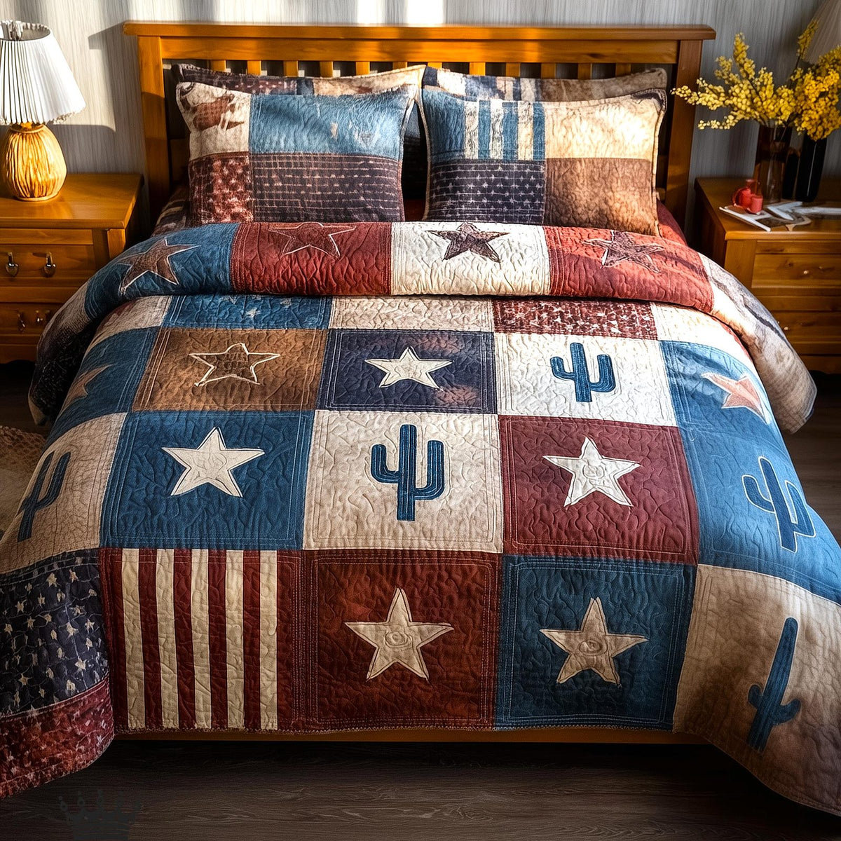 Desert Weave quilted 3-piece bedding set on a made bed with two matching pillow shams