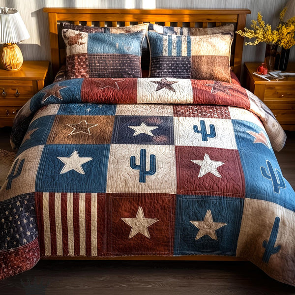 Desert Weave quilted 3-piece bedding set on a made bed with two matching pillow shams