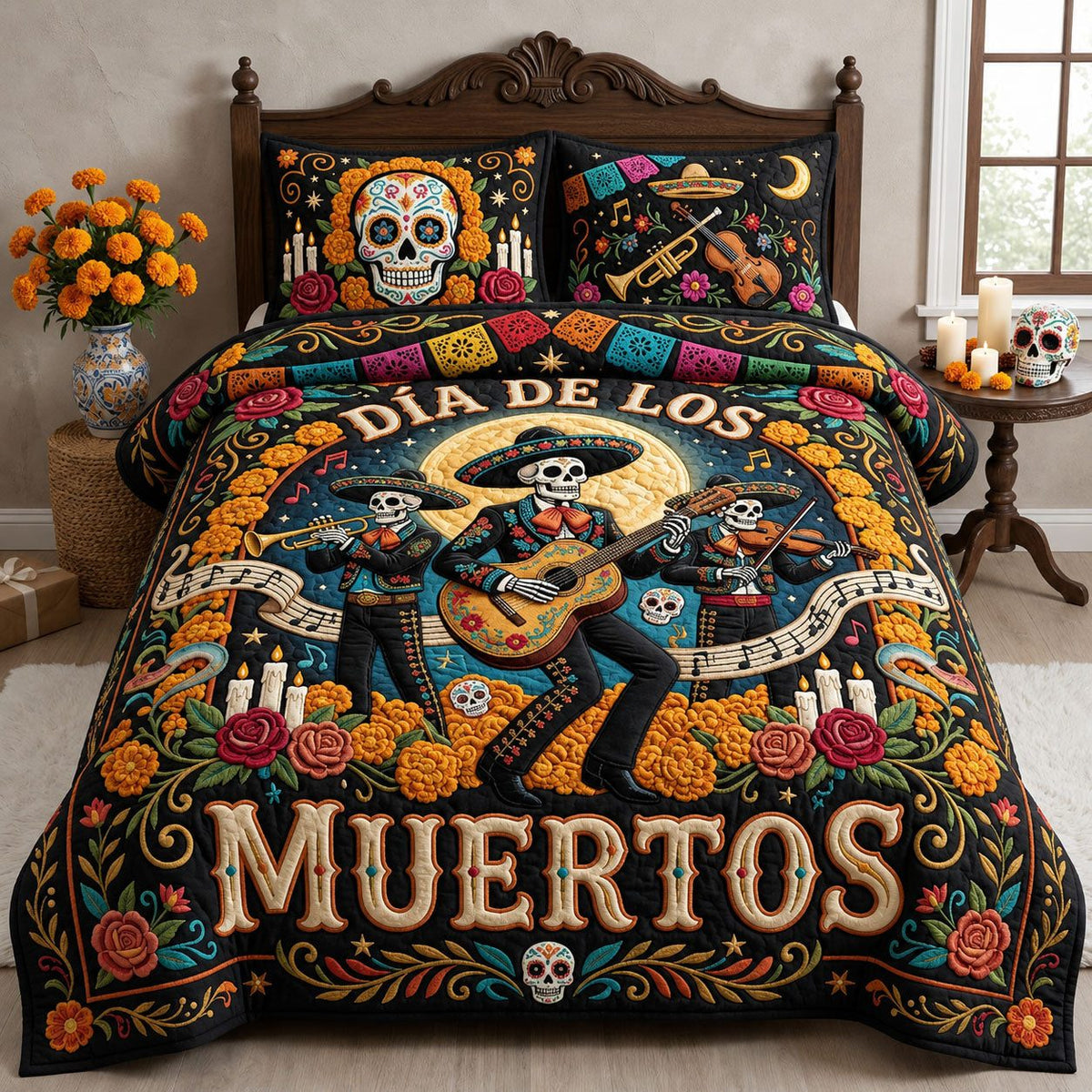 Dia de Los Muertos quilted 3-piece bedding set on a made bed with two matching pillow shams