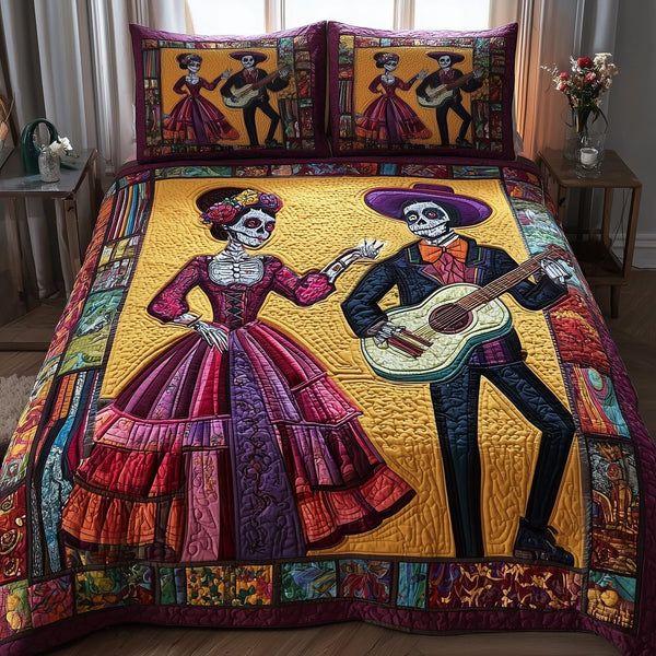 Dia de los Muertos quilted 3-piece bedding set on a made bed with two matching pillow shams