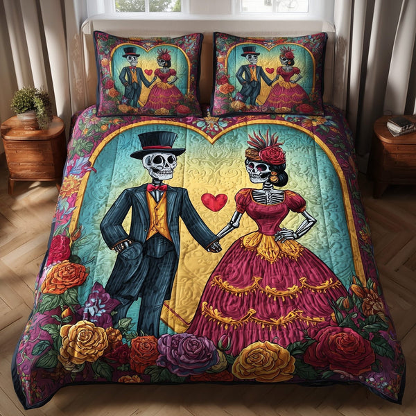 Dia de los Muertos quilted 3-piece bedding set on a made bed with two matching pillow shams