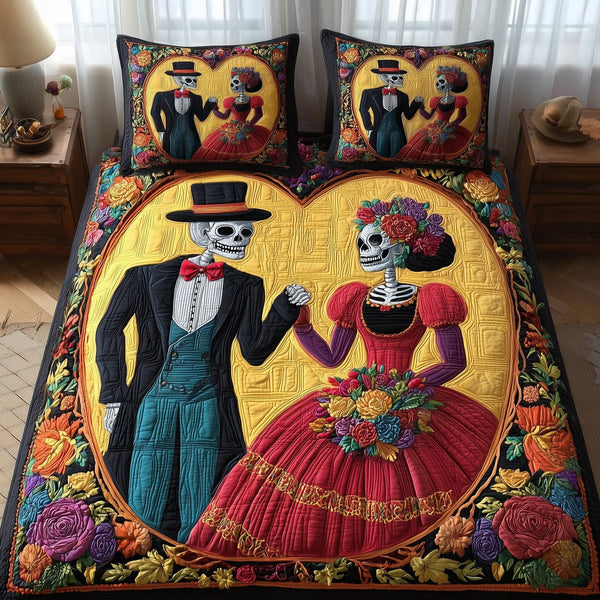 Dia de los Muertos quilted 3-piece bedding set on a made bed with two matching pillow shams