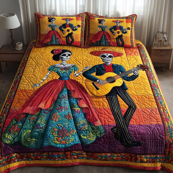 Dia de los Muertos quilted 3-piece bedding set on a made bed with two matching pillow shams