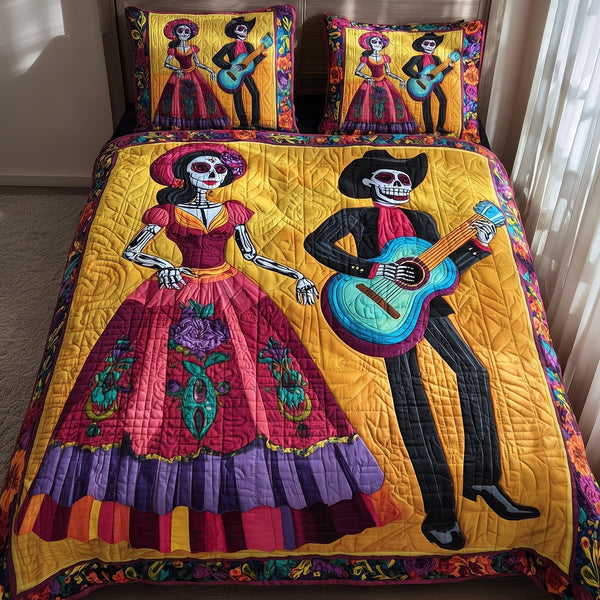 Dia de los Muertos quilted 3-piece bedding set on a made bed with two matching pillow shams