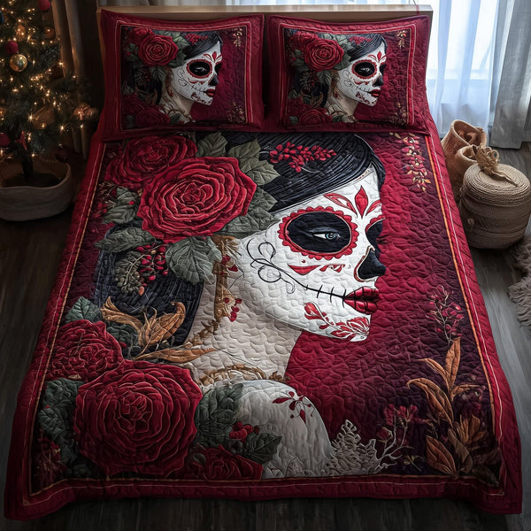 Dia de los Muertos quilted 3-piece bedding set on a made bed with two matching pillow shams