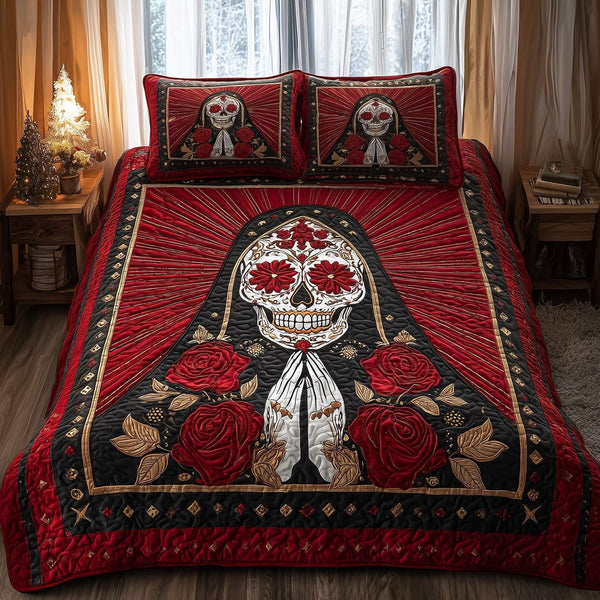Dia de los Muertos quilted 3-piece bedding set on a made bed with two matching pillow shams