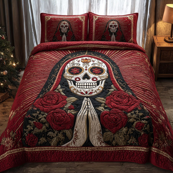 Dia de los Muertos quilted 3-piece bedding set on a made bed with two matching pillow shams