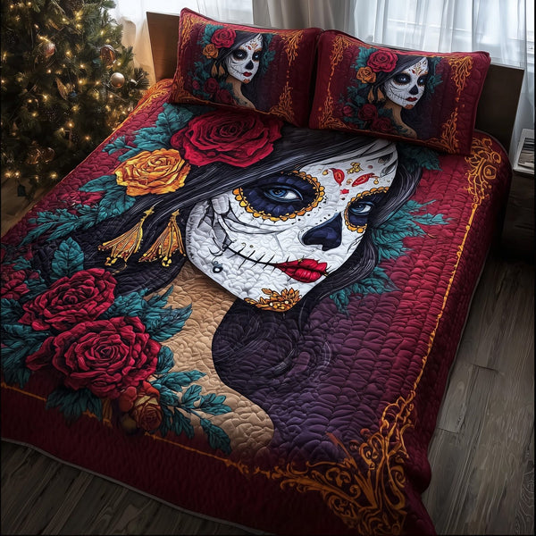 Dia de los Muertos quilted 3-piece bedding set on a made bed with two matching pillow shams