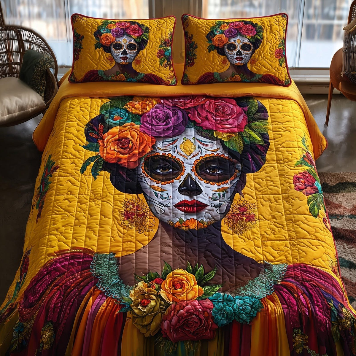 Dia de los Muertos quilted 3-piece bedding set on a made bed with two matching pillow shams