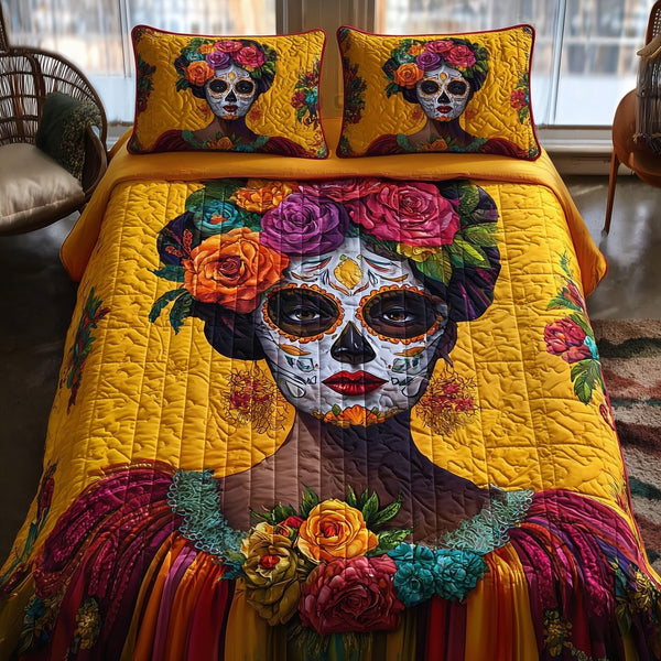 Dia de los Muertos quilted 3-piece bedding set on a made bed with two matching pillow shams