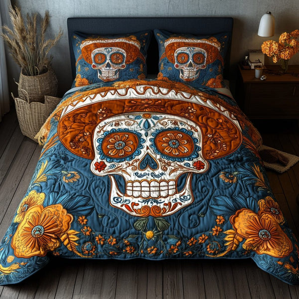 Dia Dreams quilted 3-piece bedding set on a made bed with two matching pillow shams