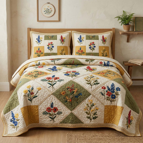 Diamond Botanica quilted 3-piece bedding set on a made bed with two matching pillow shams