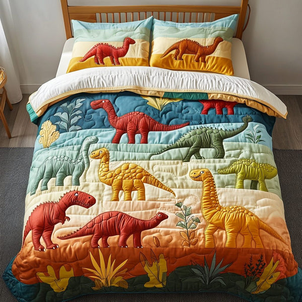 Dino Dreams quilted 3-piece bedding set on a made bed with two matching pillow shams