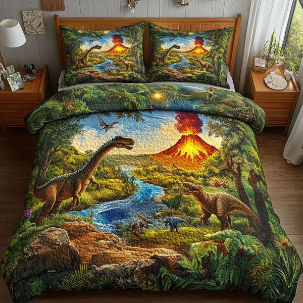 Dino Kingdom quilted 3-piece bedding set on a made bed with two matching pillow shams