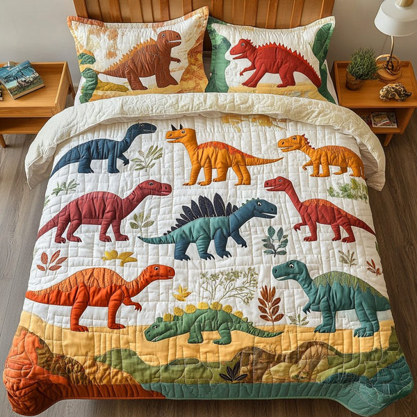 Dino Safari quilted 3-piece bedding set on a made bed with two matching pillow shams