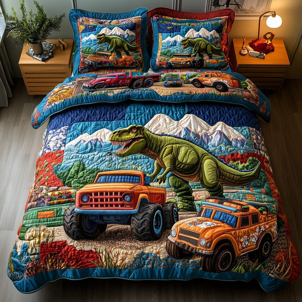Dinosaur Big Truck quilted 3-piece bedding set on a made bed with two matching pillow shams