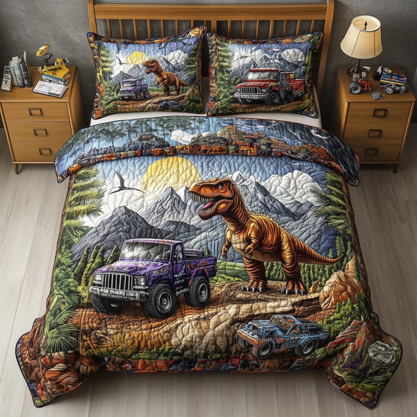 Dinosaur Big Truck quilted 3-piece bedding set on a made bed with two matching pillow shams