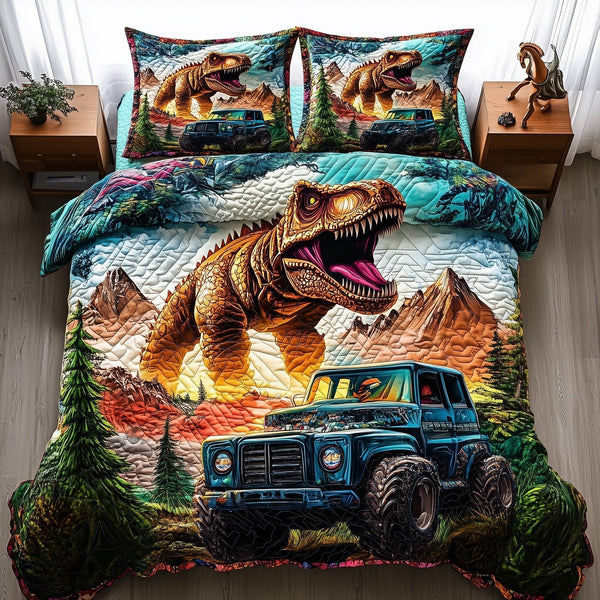 Dinosaur Big Truck quilted 3-piece bedding set on a made bed with two matching pillow shams