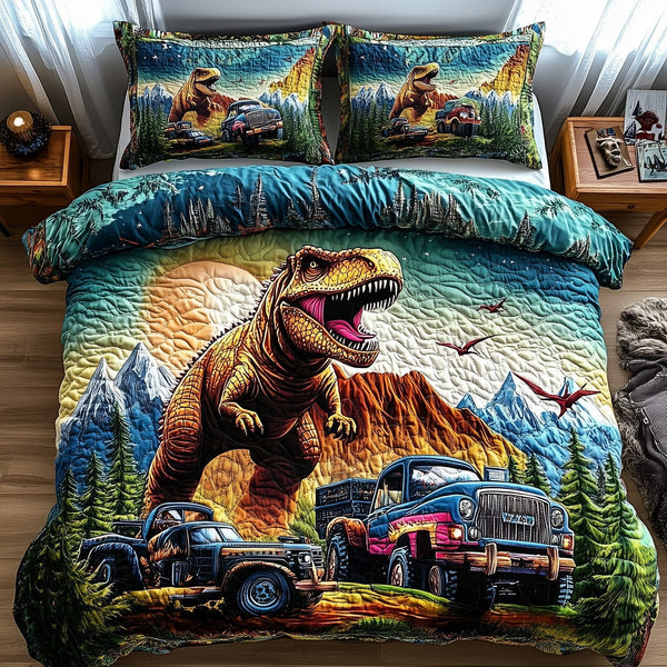 Dinosaur Big Truck quilted 3-piece bedding set on a made bed with two matching pillow shams