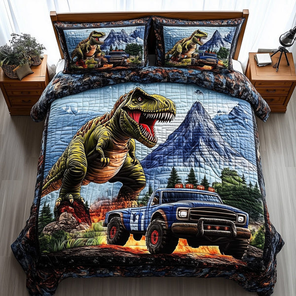 Dinosaur Big Truck quilted 3-piece bedding set on a made bed with two matching pillow shams
