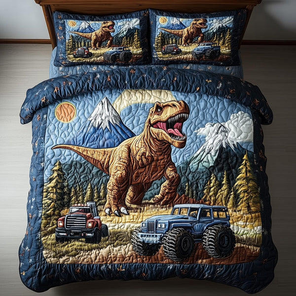 Dinosaur Big Truck quilted 3-piece bedding set on a made bed with two matching pillow shams