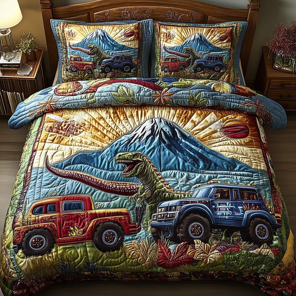 Dinosaur Big Truck quilted 3-piece bedding set on a made bed with two matching pillow shams