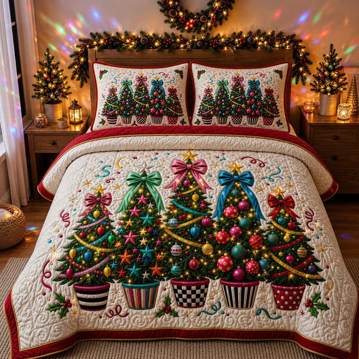 Disco Christmas Trees quilted 3-piece bedding set on a made bed in a winter-styled bedroom