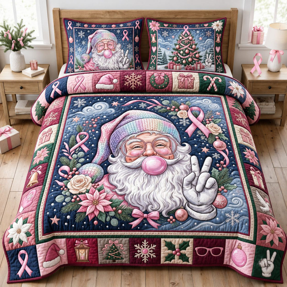 Disco Santa Christmas quilted 3-piece bedding set on a made bed in a winter-styled bedroom