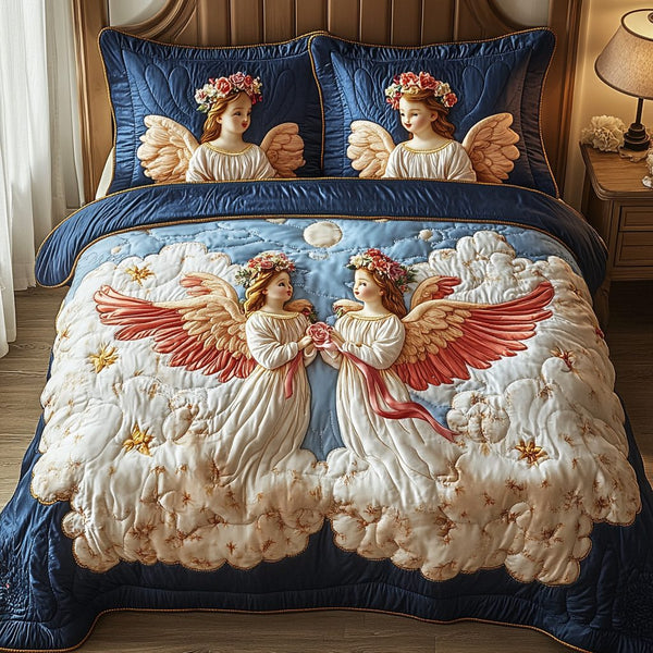 Divine Bloom quilted 3-piece bedding set on a made bed in a softly lit bedroom