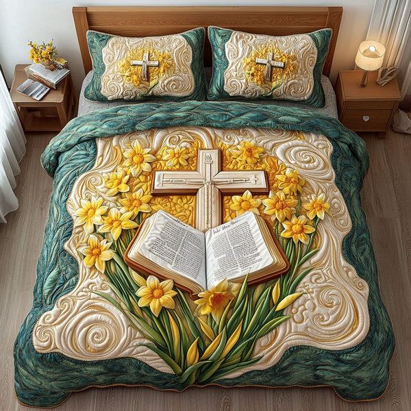 Divine Blooms quilted 3-piece bedding set on a made bed in a softly lit bedroom