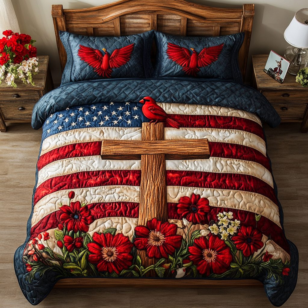 Divine Cross quilted 3-piece bedding set on a made bed in a softly lit bedroom