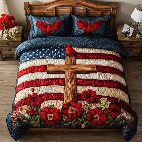 Divine Cross quilted 3-piece bedding set on a made bed in a softly lit bedroom