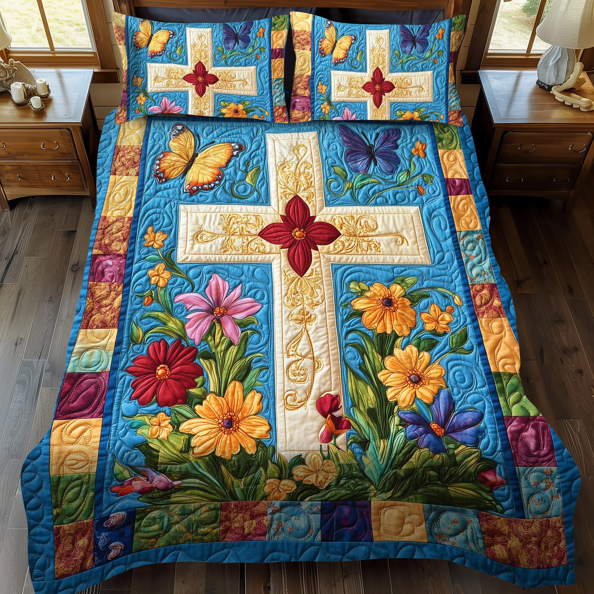 Divine Cross quilted 3-piece bedding set on a made bed in a softly lit bedroom