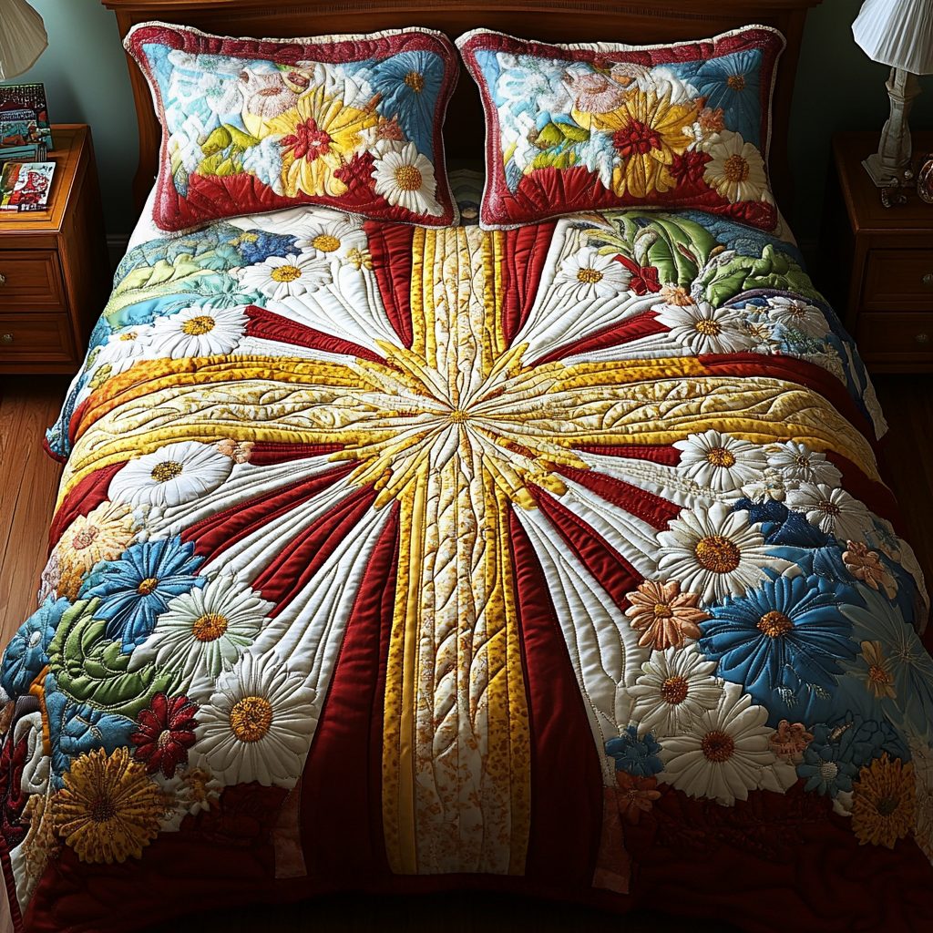 Divine Daisy quilted 3-piece bedding set on a made bed in a softly lit bedroom