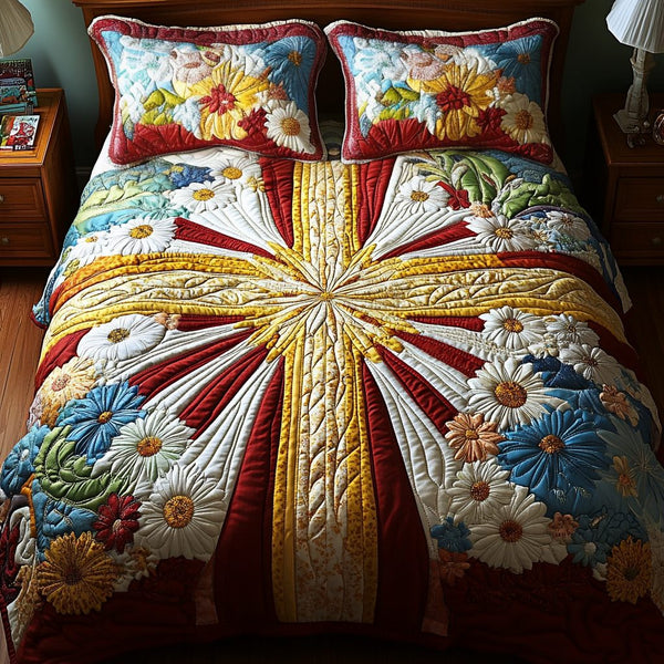 Divine Daisy quilted 3-piece bedding set on a made bed in a softly lit bedroom