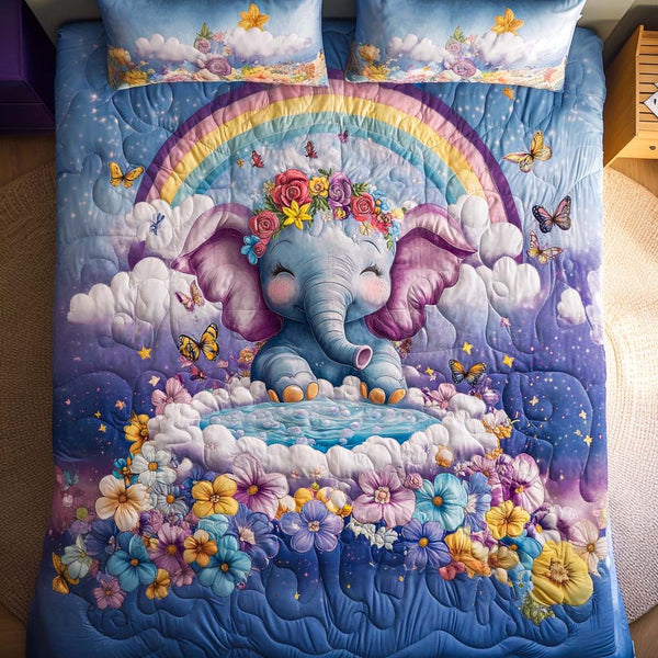 Divine Elephant quilted 3-piece bedding set on a made bed in a softly lit bedroom