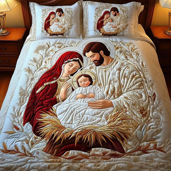 Divine Embrace quilted 3-piece bedding set on a made bed in a softly lit bedroom