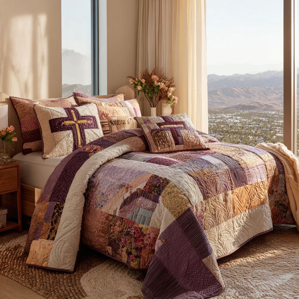 Divine Embrace quilted 3-piece bedding set on a made bed in a softly lit bedroom