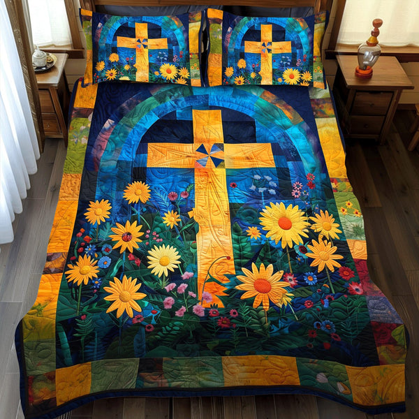 Divine Floral quilted 3-piece bedding set on a made bed in a softly lit bedroom