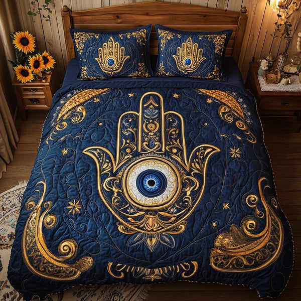 Divine Guard quilted 3-piece bedding set on a made bed in a softly lit bedroom