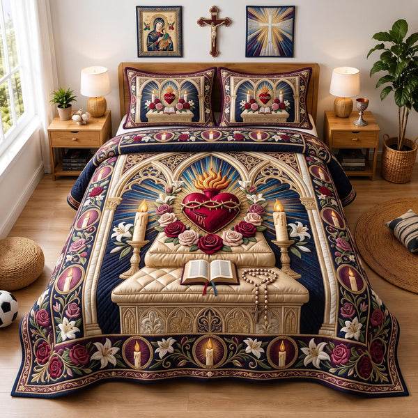 Divine Heart quilted 3-piece bedding set on a made bed in a softly lit bedroom