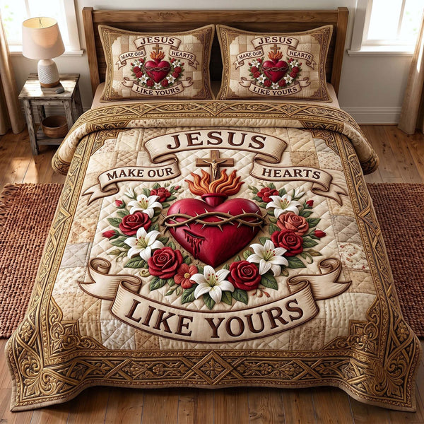 Divine Heart quilted 3-piece bedding set on a made bed in a softly lit bedroom