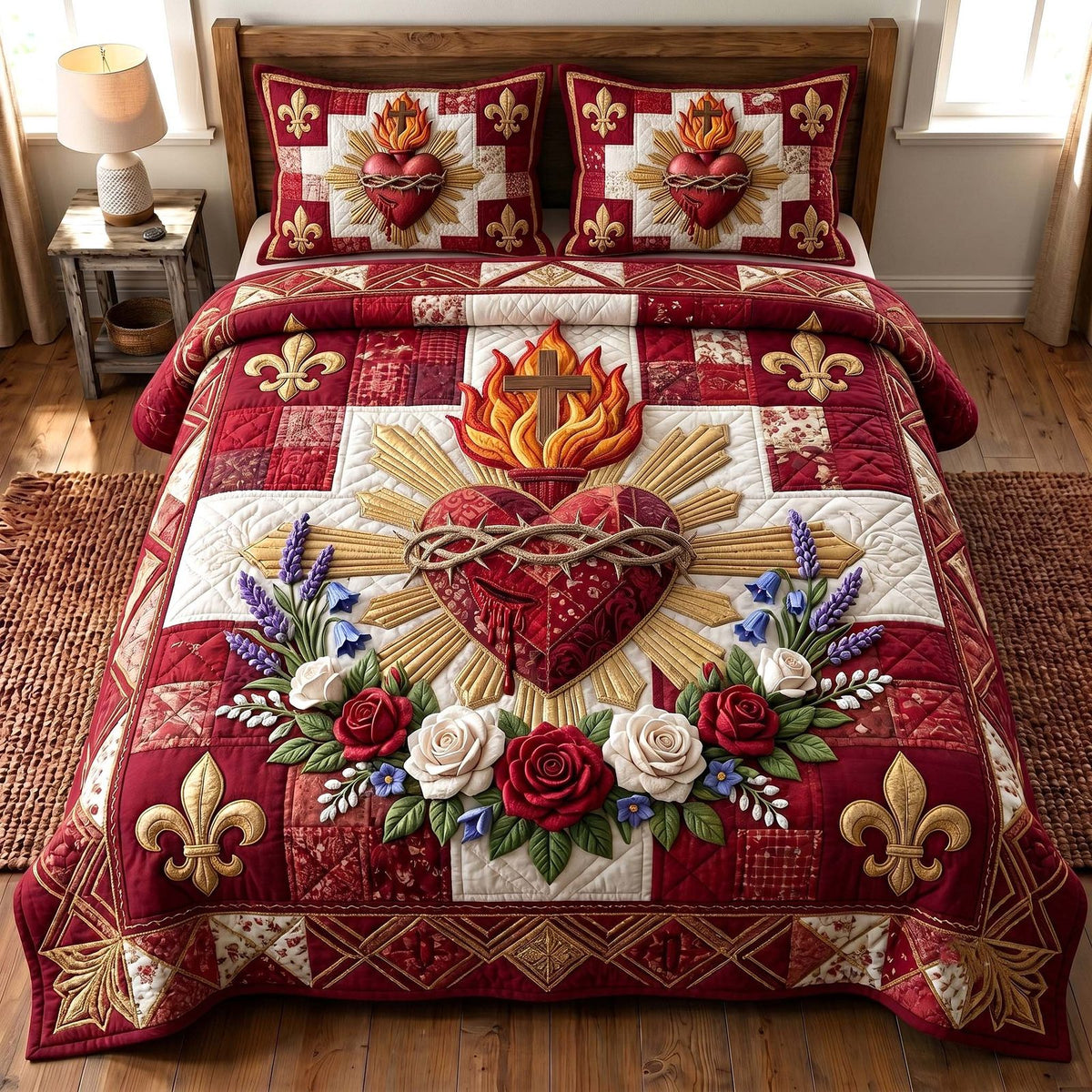 Divine Heart quilted 3-piece bedding set on a made bed in a softly lit bedroom