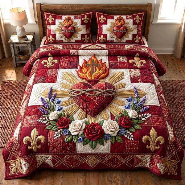Divine Heart quilted 3-piece bedding set on a made bed in a softly lit bedroom
