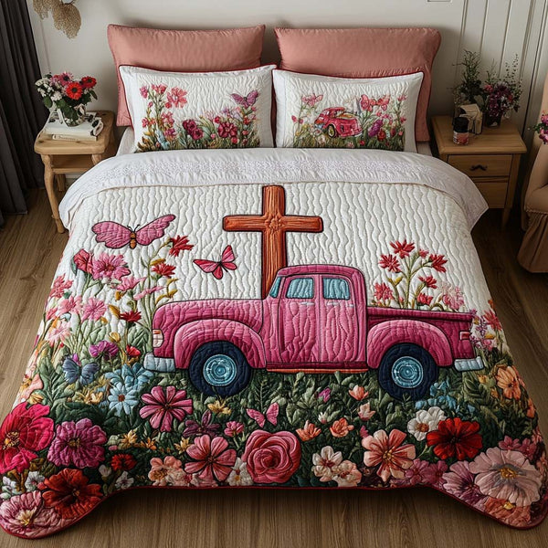Divine Journey quilted 3-piece bedding set on a made bed in a softly lit bedroom