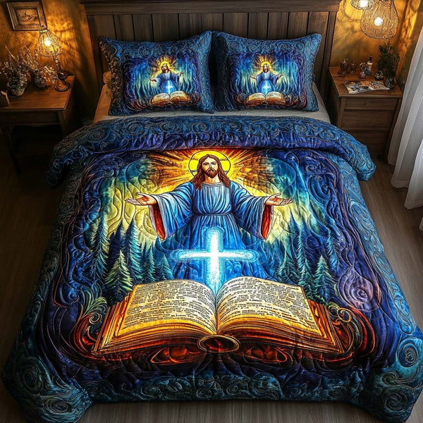 Divine Light Christ quilted 3-piece bedding set on a made bed in a softly lit bedroom