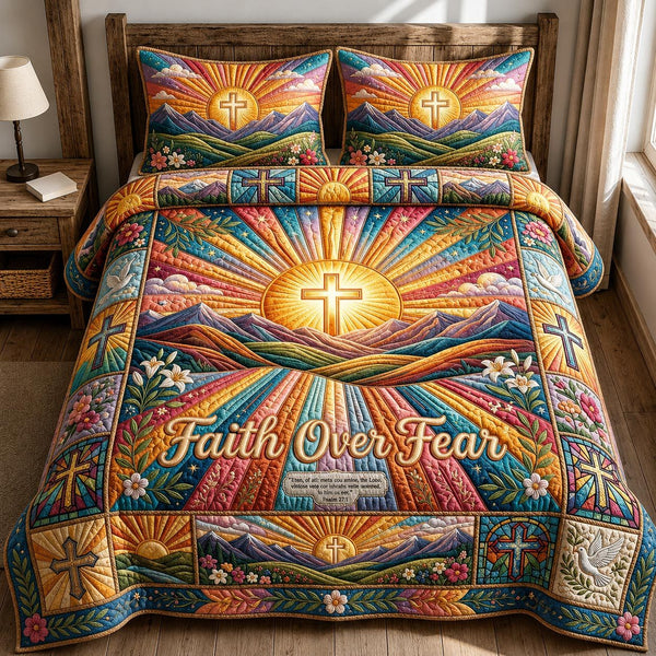 Divine Light quilted 3-piece bedding set on a made bed in a softly lit bedroom