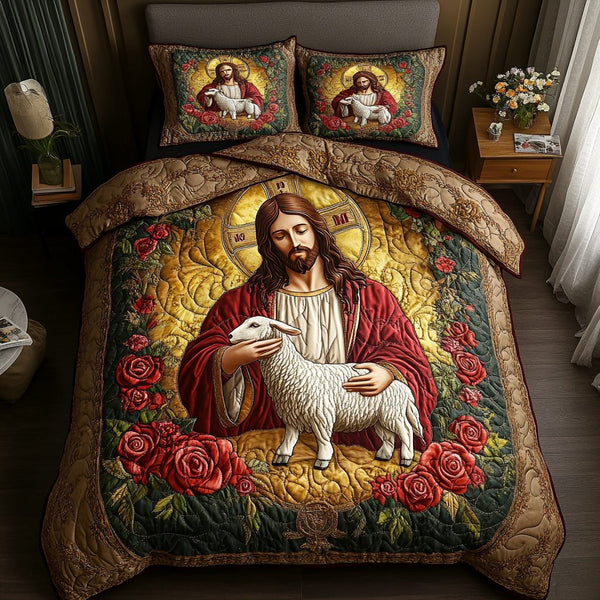 Divine Light quilted 3-piece bedding set on a made bed in a softly lit bedroom