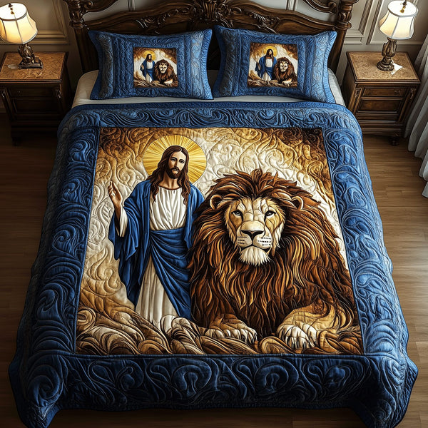 Divine Lion Heart quilted 3-piece bedding set on a made bed in a softly lit bedroom