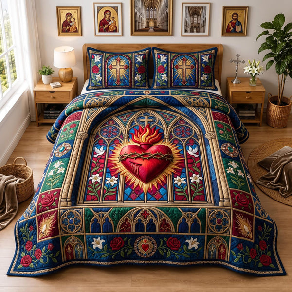 Divine Love quilted 3-piece bedding set on a made bed in a softly lit bedroom
